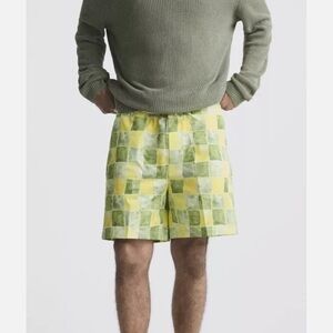 Zara Yellow Green Checkered Elastic
Waist Drawstring Men's Bermuda Shorts